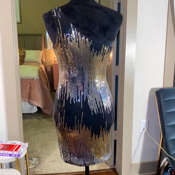 As U Wish black gold silver sequin one shoulder mini dress short tight fitted S‌ - Picture 9 of 15